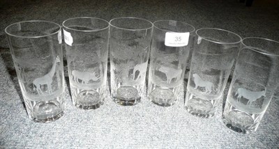 Lot 35 - A Set of Six Clear Glass Drinking Tumblers Etched and Engraved with Big Game - Water Buffalo, Lion