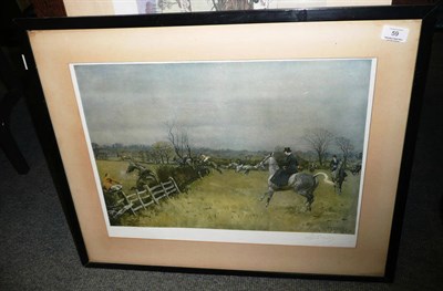 Lot 59 - Lionel Edwards - Hunting Scene, with a faller on the far side of a fence, the rest of the field...