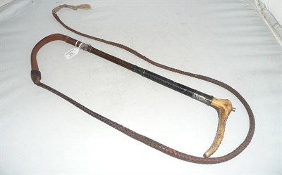 Lot 62 - A Swaine Hunting Whip, with antler handle, a silver ferrule engraved with initials and maker's...