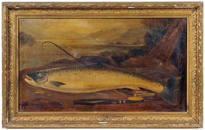 Lot 64 - L Fairbairn - Study of a Salmon, on a river bank with rod, reel and gaff, signed, oil on...