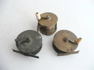 Lot 123 - Three Early Brass Crankwind Reels, all unnamed, two with bone handles, the other missing handle