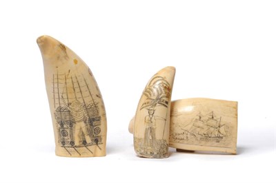 Lot 207 - A Scrimshaw Sperm Whale Tooth, 19th century, incised on one side with a whale hunt, on the...