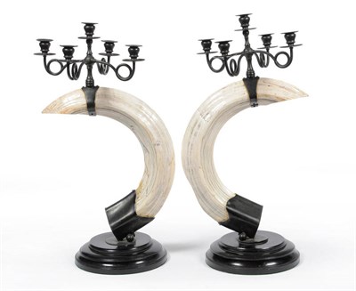 Lot 211 - A Fine Pair of Hippopotamus Tusk Candelabra, by Rowland Ward, London, circa 1910, the circular...