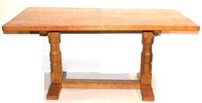 Lot 595 - A Robert  "Mouseman " Thompson Oak 5ft Dowelled Top Refectory Table, on two octagonal legs,...