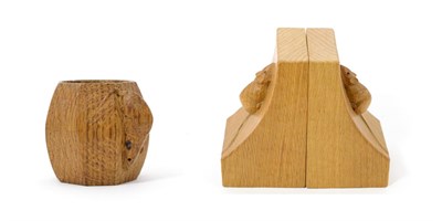 Lot 620 - A Pair of Modern Robert Thompson's Craftsmen Ltd Oak Single Mouse Bookends, each with carved...