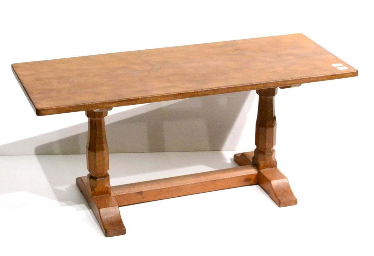 Lot 628 - A Wilf  "Squirrelman " Hutchinson Oak 3ft Rectangular Coffee Table, on two octagonal turned...