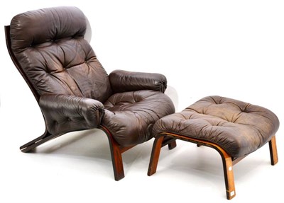 Lot 650 - A Norwegian RYBO Rosewood and Leather Lounge Chair and Ottoman, designed by Oddvin Rykken,...