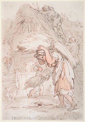 Lot 661 - Thomas Rowlandson (1756-1827)  "The Thatcher " Signed and inscribed, pen and ink and wash,...