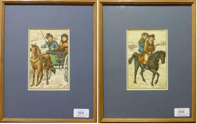 Lot 664 - Kate Greenaway (1846-1901)  Figures in a horse drawn carriage in snow Gentleman and lady riding...