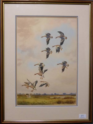 Lot 671 - John Cyril Harrison (1898-1985)  Geese in flight over washland Signed, pencil and watercolour...