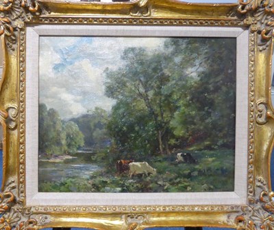 Lot 675 - Owen Bowen ROI, PRCamA (1873-1967) Cattle watering on the Wharfe  Signed, oil on canvas, 88.5cm...