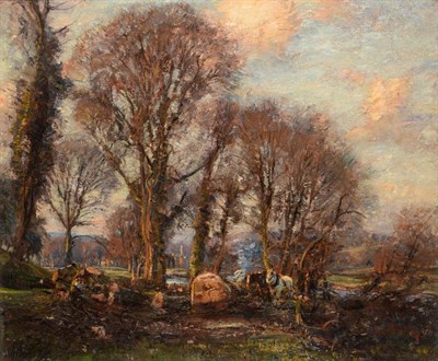 Lot 677 - Herbert Royle (1870-1958)  Timber hauling before Fountains Abbey  Signed, oil on canvas, 49.5cm...