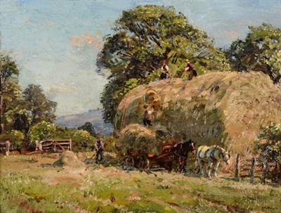 Lot 678 - Herbert Royle (1870-1958)  Figures building a hayrick in a summer landscape  Signed, on canvas,...