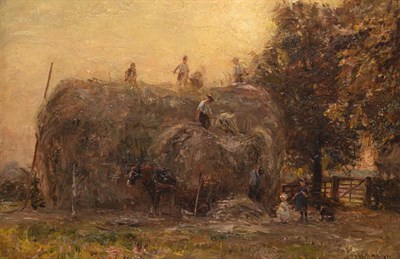 Lot 680 - Herbert Royle (1870-1958)  Stacking a Hayrick at dusk  Signed, oil on canvas, 30.5cm by 46cm...