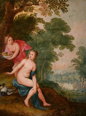 Lot 683 - Circle of Adriaen van Stalbemt (1580-1662) Flemish Diana attended by a nymph Oil on panel,...