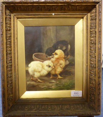 Lot 693 - Lucy Ann Leavers (fl.1887-1899) Three chicks feeding Signed, oil on canvas, 21.5cm by 16.5cm