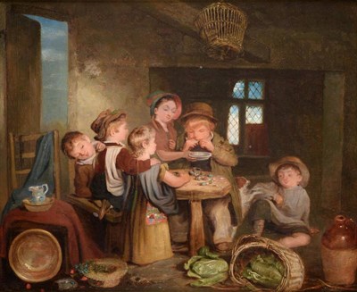 Lot 699 - William Bromley (fl.1835-1888)  "Blowing Eggs " Oil on panel, 28cm by 34cm  See illustration