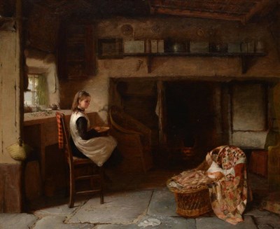 Lot 704 - Harry Brooker (1848-1940)  A young girl preparing vegetables in a cottage interior whilst...