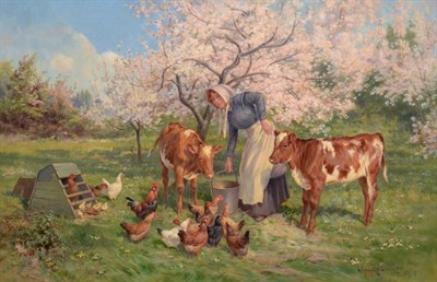 Lot 705 - Claude Cardon (1864-1937)  "Feeding Time in the Orchard "  Signed and dated 1918, oil on...