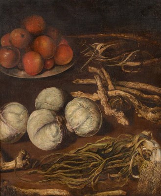 Lot 709 - Spanish School (17th century) A still life of oranges, cabbage and onions Oil on canvas, 74cm...