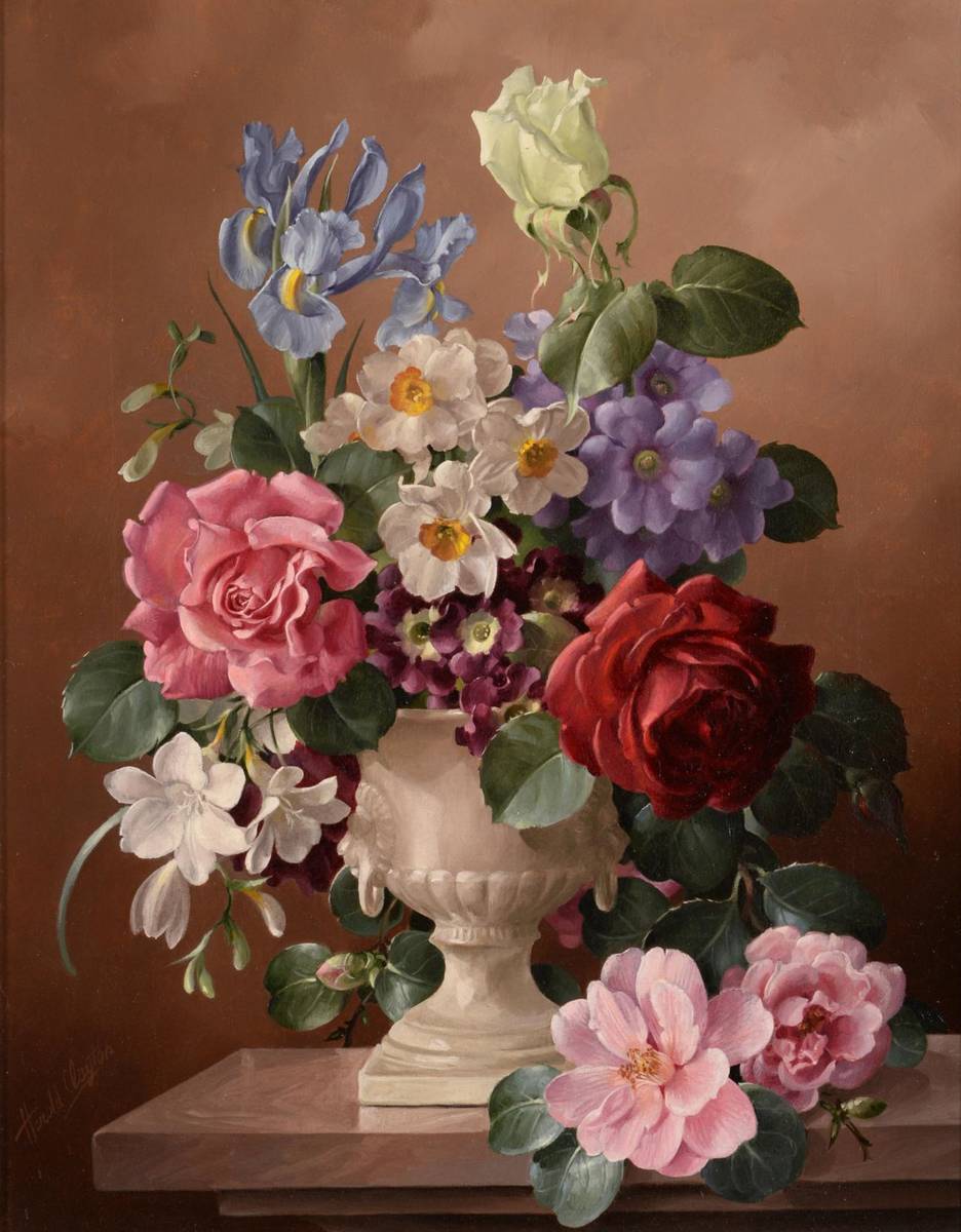 Lot 711 - Harold Clayton (1896-1979)  Spring flowers in a vase on a stone ledge Signed, oil on canvas,...