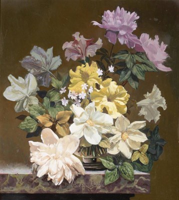 Lot 713 - Bennett Oates (1928-2009)  Still life of Petunias, peonies and clematis arranged in a glass...