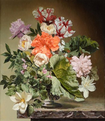 Lot 714 - Bennett Oates (1928-2009)  Still life of variegated tulips, peonies and burbage leaves in a...