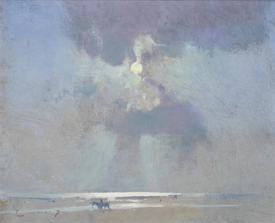 Lot 760 - Frederick Cuming RA (b.1930) Lone horse and rider on Rye Beach Signed, oil on board, 24cm by...