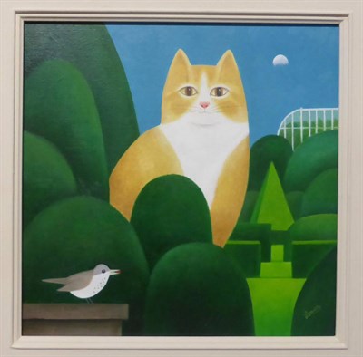 Lot 773 - Martin Leman RBA, RWS (b.1934)   "In the Garden " - Cat amongst topiary watching a bird...