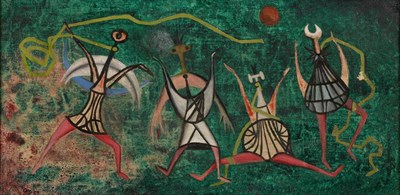 Lot 775 - Desmond Morris (b.1928)  Stylised figures dancing by the light of the moon  Initialled and...