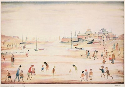 Lot 785 - After Laurence Stephen Lowry RA (1887-1976)  "On the Sands " Signed in pencil and numbered 133/500