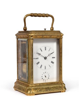 Lot 870 - A Brass Engraved Striking and Repeating Alarm Carriage Clock, circa 1890, engraved with floral...