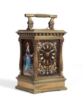 Lot 871 - A Brass Striking and Repeating Alarm Carriage Clock with Enamel Panels, circa 1890, case with...