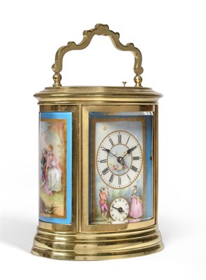 Lot 872 - A Fine Oval and Porcelain Mounted Striking Repeating Alarm Carriage Clock, circa 1890, carrying...