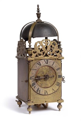 Lot 887 - A Brass Striking Lantern Clock, signed Wm Barlow, Lynn Regis, circa 1700, four posted movement with