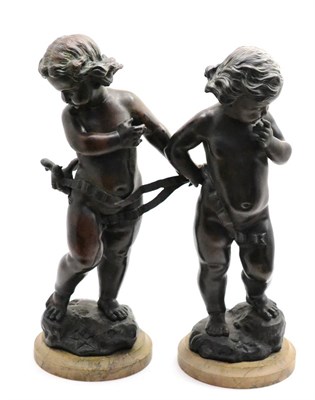 Lot 911 - After Valentine Besarel (1829-1902): A Pair of Bronze Figures of Cherubs, the boy holding an arrow