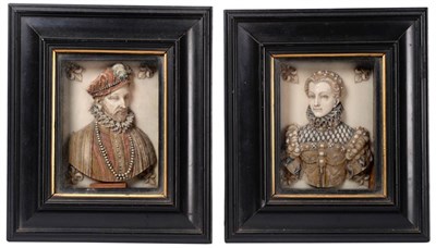 Lot 923 - A Pair of French Ivory Portrait Plaques, in Renaissance style, carved in relief and coloured...