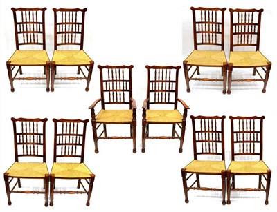 Lot 977 - A Set of Ten Reproduction Lancashire Style Rush Seated Dining Chairs, with triple spindle back...