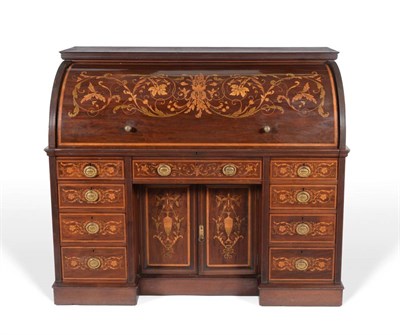 Lot 993 - A Late Victorian Mahogany, Satinwood Banded and Marquetry Inlaid Cylinder Desk, circa 1890, the...