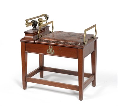 Lot 1030 - A Set of Jockey Scales, the padded leather seat with brass handles to each side, weighing arm...