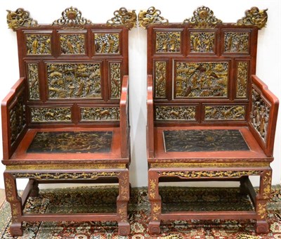 Lot 1043 - A Pair of Large Red Painted, Part-Gilt and Carved Softwood Chinese Chairs, of square form, with...