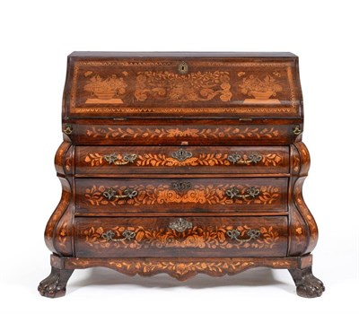 Lot 1048 - A Dutch Walnut and Marquetry Bombé Bureau, in 18th century style, richly inlaid with flowers...