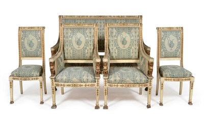 Lot 1083 - A Cream Painted and Part Gilt Salon Suite, in the Empire style, upholstered with green and...