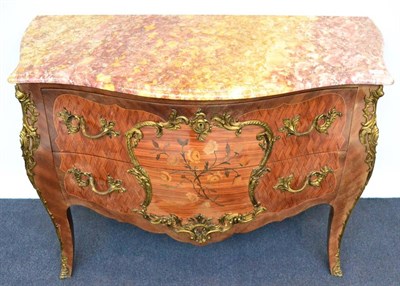 Lot 1098 - A French Purplewood and Parquetry Commode, of serpentine bombé form, with a marble top over...