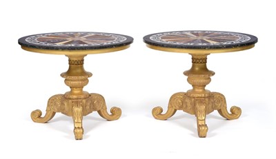 Lot 1113 - A Pair of George IV Style Tables, of recent date, the circular specimen marble tops with inlaid oak