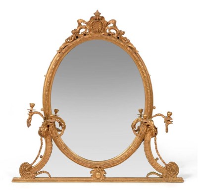 Lot 1117 - A Victorian Gilt and Gesso Overmantel Mirror, circa 1860, the oval mirror plate with two margin...