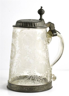 Lot 14 - A German Pewter Mounted Glass Tankard, dated 1768, of tapering cylindrical form, engraved with...