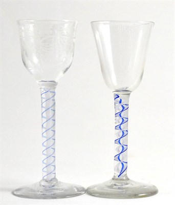 Lot 17 - A Colour Twist Wine Glass, circa 1760, the rounded funnel bowl on a white and blue twist stem, 15cm