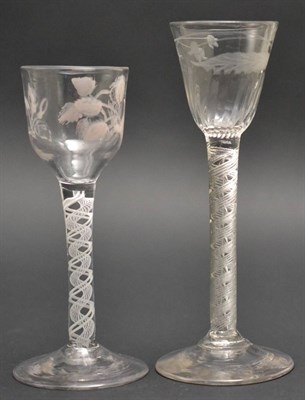 Lot 21 - A Wine Glass, circa 1760, the ogee bowl later enamelled with foliage and lattice on an opaque twist