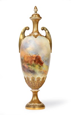 Lot 38 - A Royal Worcester Porcelain Twin-Handled Baluster Vase and Cover, 1918, painted by Harry...